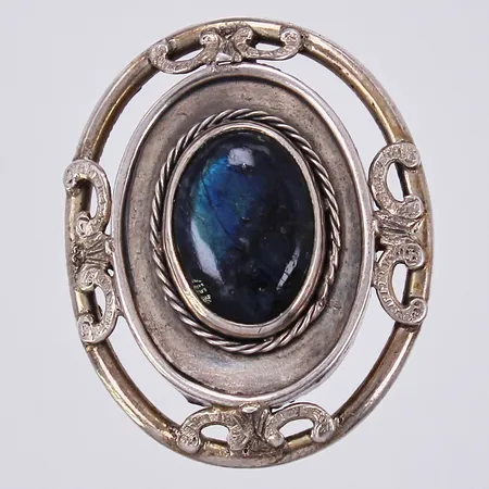 Brosch med sten, längd: ca 4,5cm, bredd: ca 23,5mm,  EH, år 1893, nål saknas, 830/1000 silver  Vikt: 19,1 g