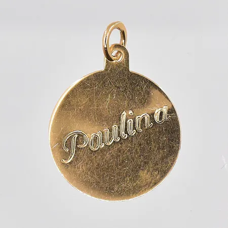 Hänge, Ø 16mm, graverad Paulina, bucklig, 18K Vikt: 1 g