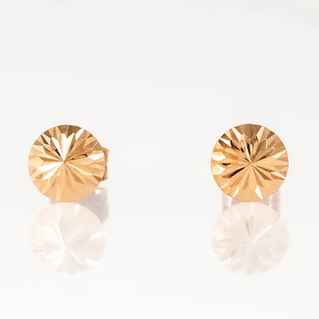 Örhängen i 18K guld: Fasetterad rund platta Ø 6 mm. Vikt: 0,6g. 