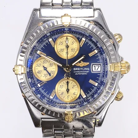 Herrur Breitling Chronomat, Ø39mm, automat, kronograf, datum, ref B13050.1, serienummer 215543, cal ETA 7750, länk i stål kort ca 13,5cm, viklås, servicekvitto 2021, smärre slitage, repor på boett och länk, glapp i viklås, inga tillbehör Vikt: 0 g