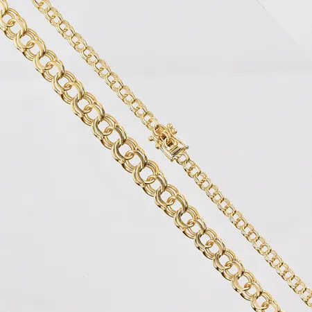 Collier Bismarck, 43,5cm, doserad bredd 3,5-7mm, lagad klämd länk, 18K Vikt: 15,3 g