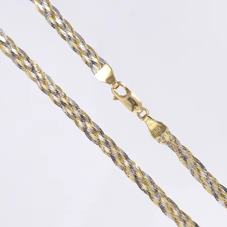 Halscollier flätat, 42,5cm, bredd 4mm, buckligt, några bristningar, lodrester från lagning, vitguld/rödguld 18K Vikt: 6,7 g