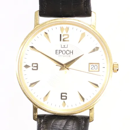 Herrur, Epoch, Ø34mm, guld i boett, läderband, slitage, behov av batteribyte, 18K bruttovikt 35,3 Vikt: 0 g