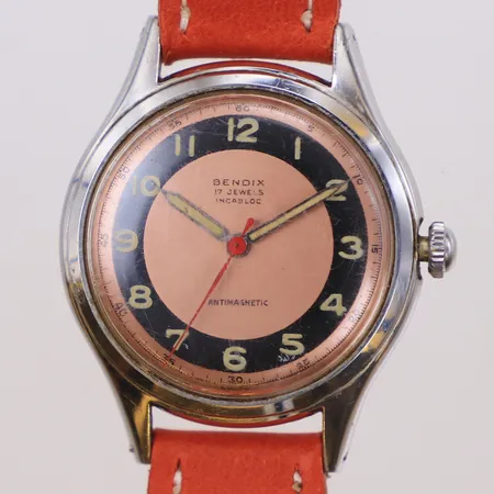 Herrur, Bendix, 17 Jewels, Incabloc, Antimagnetic, Ø36mm, manuell, repigt plastglas, röd sekundvisare, fungerar,  orange läderband