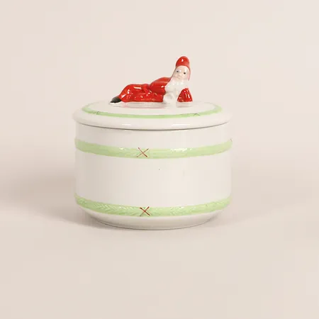 Sockerskål med lock, "God Jul", Gustavsberg, porslin, handmålad, originalkartong, höjd 10cm, Ø9cm, slitage, märken, mindre fotringsnagg.  Skickas med paket.