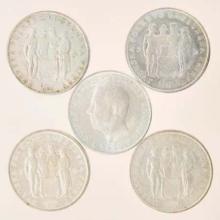 Mynt 5st, Gustaf VI Adolf Sveriges Konung, Svenska folkets lagbundna frihet 6 juni 1809, 5 kr, Ø34mm, 1959, silver 400/1000 Vikt: 90,3 g