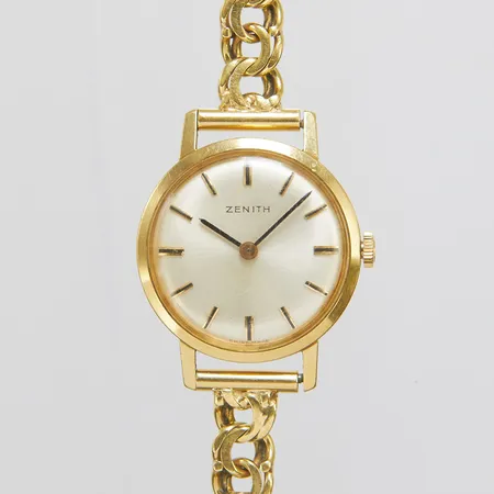Damur, Zenith, 18K, Ø25mm, manuell, boettnr: 459A198, repigt plexiglas, guldlänk, Bismarck, 18K, längd inkl. ur: 18,7cm, bredd: 7,2mm, bruttovikt 28,7g