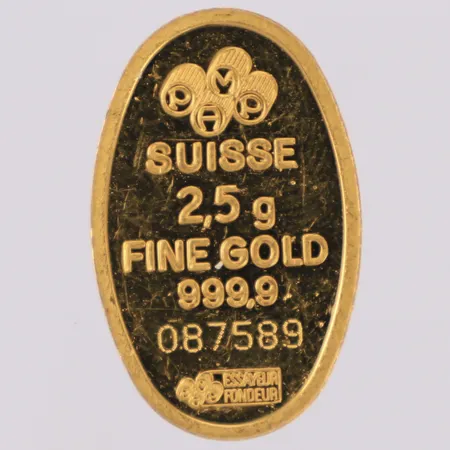 Guldtacka, Pamp Suisse, nr 087589, längd 22,5mm, bredd 14mm, 24K Vikt: 2,5 g