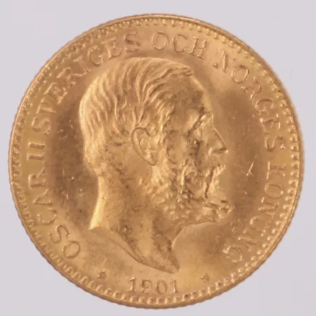 Mynt 10kr, Brödrafolkens Väl, Oscar II Sveriges O. Norges Konung, år 1901, 17,9mm, 21,6K Vikt: 4,5 g