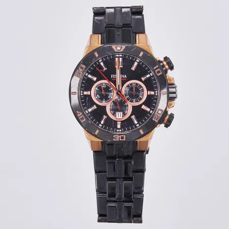 Herrur Festina, quartz, kronograf, modell F20451, Ø ca 44mm, svart/guldfärgat stål, repigt glas, går ej, batteribyte krävs, svart stållänk, repig, inga tillbehör 