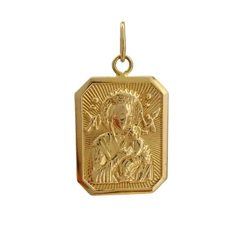 Hänge, 18K guld, religiös symbolik, bl. a Jungfru Maria, tillverkarstämpel SG, längd inkl. ögla 26 mm, bredd 14 mm, fint skick Vikt: 1,8 g