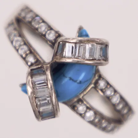 Ring, stl 20, bredd 2-14mm, turkosfärgad sten, vita stenar, silver  Vikt: 4,5 g