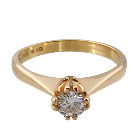 Diamantring, 18K guld, Diamant 0,20ct - stämplat på skenans insida, Guldfynd (GFAB), svensk kontrollstämpel, Ø16¼ mm, bredd 1,3 - 5 mm, fint skick Vikt: 2,5 g