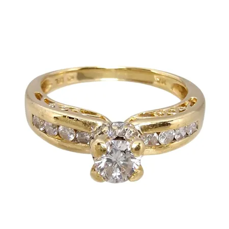 Diamantring, 14K guld, Diamanter 1 x 0,35ct + 8 x 0,02ct + 8 x 0,005ct, tillverkarstämpel LGL, Ø17½ mm, bredd 2,3 - 5,3 mm, fint skick Vikt: 4 g