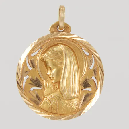 Hänge, Jungfru Maria, Ø22mm, ostämplad, 18K,  Vikt: 3,9 g