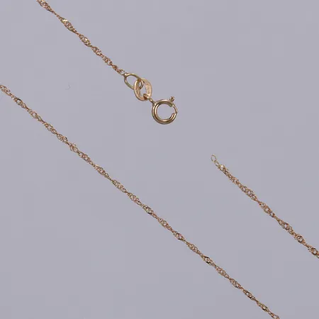 Kedja Singapore, längd: ca 46cm, bredd: ca 1mm, saknar ändögla/trasig, 18K  Vikt: 0,9 g