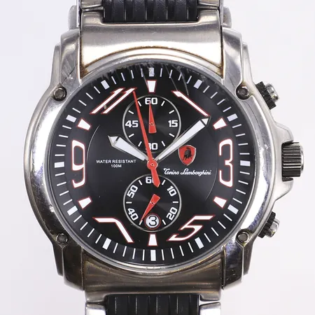 Herrur Tonino Lamborgini, Ø44mm, quartz, kronograf, datum, stål/plast, armband ca 14cm, box, inga övriga tillbehör, går ej troligen batteribyte Vikt: 0 g