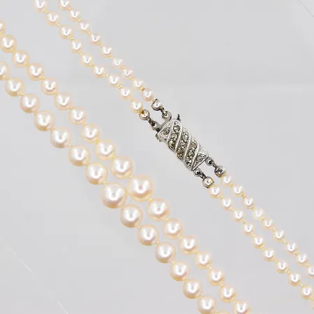 Pärlcollier, tvåradigt, 50cm, pärlor Ø 3,8-7mm, lås markasiter, silver 835/1000 Vikt: 0 g