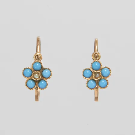 Ett par örhängen blommor, pärlor samt stenar, längd ca 13,5mm, bredd 6,5mm, skadade stenar, bruksslitage, 14K Vikt: 1 g