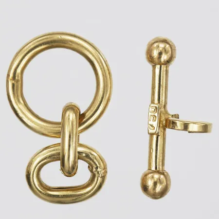 Lås, två delar, stav längd: 20 mm, ögla Ø14 mm, 18K guld. Vikt: 4,8 g