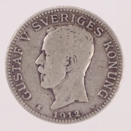 Mynt, Gustaf V Sveriges Konung, 1kr 1912, Ø24mm, silver 800/1000 Vikt: 7,3 g