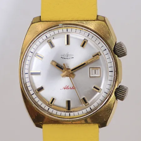 Herrur, Perfecta, Alertic, Ø36,8mm, #42789, manuell, sekundvisare, datum, gulddoublé, kraftigt slitage, gult armband i gummi
