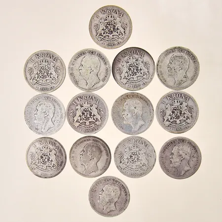 Mynt 14st, Oscar II Sveriges och Norges Konung, 1 krona, Brödrafolkens Väl, 1890-1897, Ø25mm, silver 800/1000 Vikt: 101,3 g