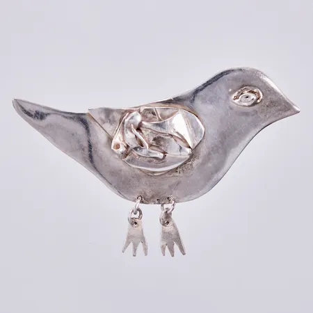 Brosch fågel, längd: ca 3,5cm, bredd: ca 60mm, ostämplat, silver Vikt: 9,8 g