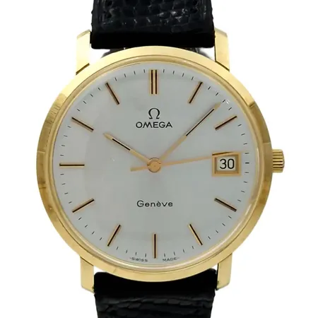 Herrur Omega Genève, 14K guld, Ø34 mm, manuell, datum, original skinnband och spänne, gravyr organisation, namn 25 år 1977, mycket fint skick,  Vikt: 0 g