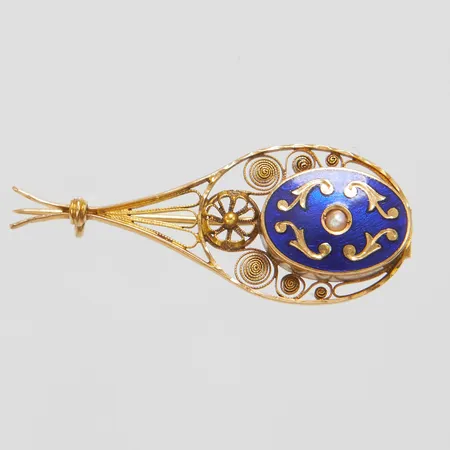 Brosch, emalj, pärla, längd ca 38mm, bredd 15mm, Petterssons Eftr Juvelerar Ab Joh, år 1915, 18K Vikt: 3,5 g