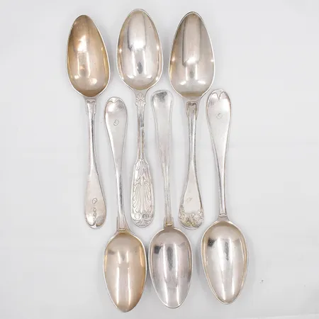 6 Matskedar, olika modeller, graverade, silver 830/1000 Vikt: 380,9 g