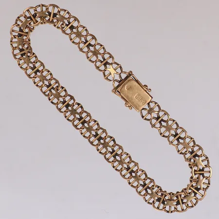 Armband, x-länk med stav, längd 21cm, bredd 7,8mm, trasig i länk, 18K Vikt: 13,8 g