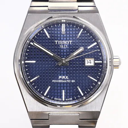 Herrur Tissot PRX Powermatic 80, Ø40mm, automat, datum, ref T1374071104100, serienummer YWCFX3GZE, stållänk, safirglas, glasbaksida, extra länkbitar, extra läderband, trasig box, , bruksslitage, smärre repor på länk och boett, cert 2021 Vikt: 0 g
