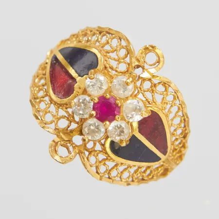Ring, rörlig del med rosa samt vita stenar, emaljdetaljer med några små skador, Ø18, bredd:3,1-17,3mm, 22K  Vikt: 4,5 g