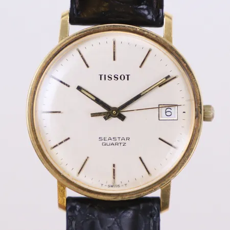 Herurr Tissot Seastar 14K, quartz, datum, läderband bruksskick, gravyr, i behov av batteribyte, inga övriga tillbehör, 14K 