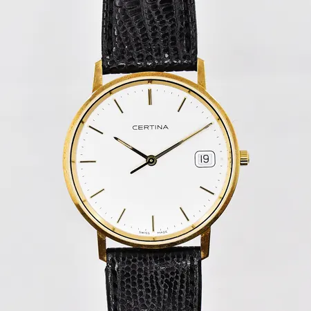 Herrur Certina, Ø 34mm, 14K, graverad boett, quartz, datum, batteribyte behövs, läderband