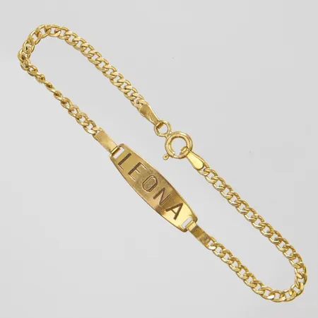 Barnarmband med integrerad namnbricka, längd: 14,5cm, bredd: 2,2-5,4mm, personlig gravyr, 14K Vikt: 1,1 g