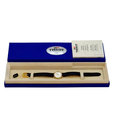 Damur Tissot, 18K guld, Ø22 mm, quartz, gravyr, defekt - förstörd boett, box  Vikt: 0 g