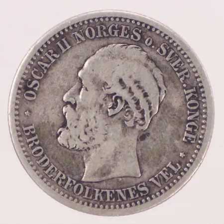 Mynt, Oscar II Norges Konge, 1kr 1897, Ø24mm, silver 800/1000 Vikt: 7,4 g