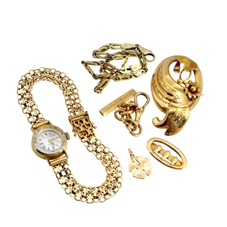 Diverse guldsmycken, defekter, 18K bruttovikt 29,6g, armband, defekter, 14K 9,1g