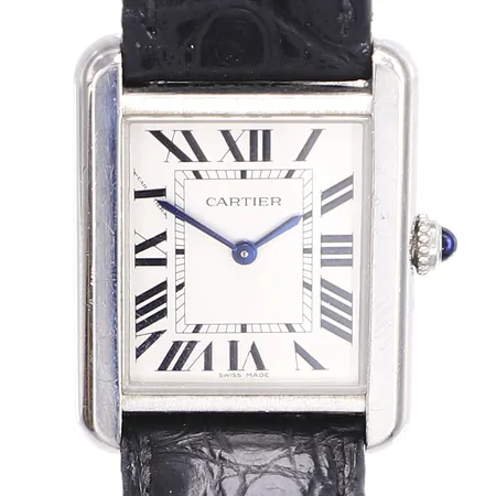 Armbandsur Cartier Tank Solo, 24x24mm (31mm), quartz, ref 3170, serienummer 526314VX, stål, läderband med viklås, box, cert och kvitto från Nymans ur 2015, mycket repig boett, slitet läderband, trögt lås Vikt: 0 g