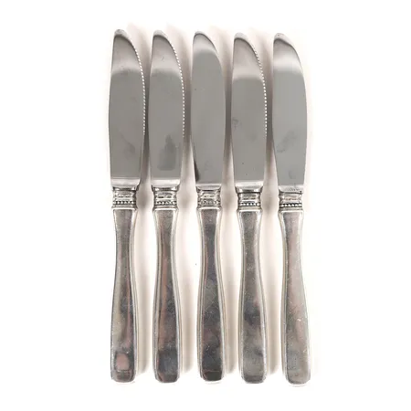 Fem matknivar modell Uppsala, MGAB, Lidköping, 1960/70-tal, längd 18,5cm, bruksslitage, silver och stålblad, bruttovikt 335,1g Vikt: 0 g