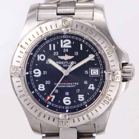 Herrur, Breitling Colt, stål, quartz, 41mm, refnr: A74380, snr: 872986, safirglas, datum, smärre repor på boett, länk i stål med repor, skyddsring, cert 2011, chronometercert, manual, box med slitage, ytterkartong