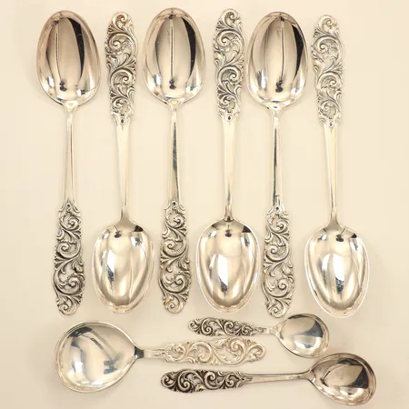 Nio skedar, olika längd, Norskt Mönster, ca 8-18,5cm, Mylius Norway, 830/1000 silver Vikt: 292 g