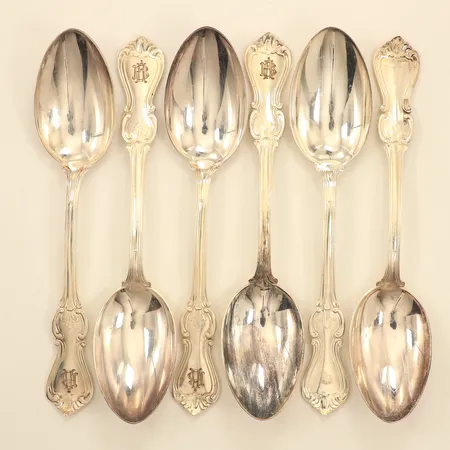 Sex bordsskedar, längd 18cm, modell Olga, GAB Stockholm 1960-tal, gravyr, repiga, 830/1000 silver  Vikt: 286,6 g