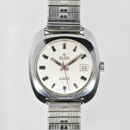 Herrur Olma, stål, automatic, datum, boett ca 37x37 mm, serienr 0799-3, repor på plastglas, med flexband ej original