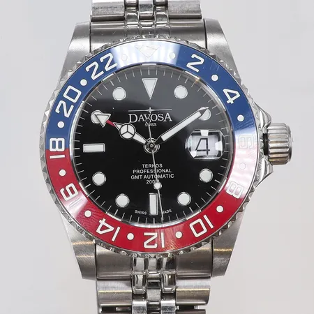 Herrur Davosa Ternos Proffesional GMT Ø42mm,  ref nr, 1030-330 snr. 1044, automat, datum, stållänk, med repor och slitage 