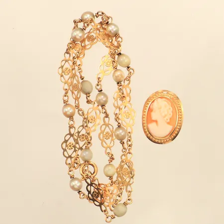 Collier, hänge, Camé, pärlor, defekt, 18K  Vikt: 6,7 g
