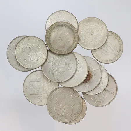 Diverse Mynt 2 kronor och 5 kronor 14st, Gustav V - Gustav VI Adolf silver 400/1000 Vikt: 224,5 g