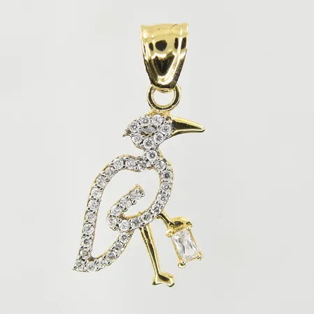 Hänge stork med vita stenar, längd 30 mm, bredd 15 mm, 14K. Vikt: 1,8 g